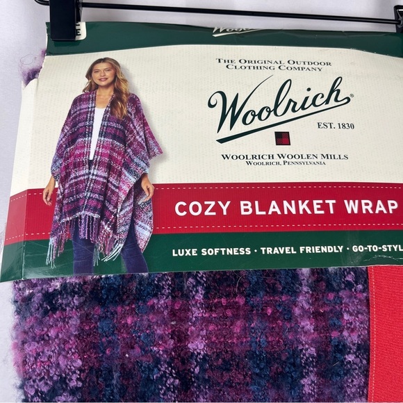 NWT WOOLRICH Cozy Blanket Wrap Shawl Purple Plaid One Size Cabincore Winter Wrap - Picture 1 of 2
